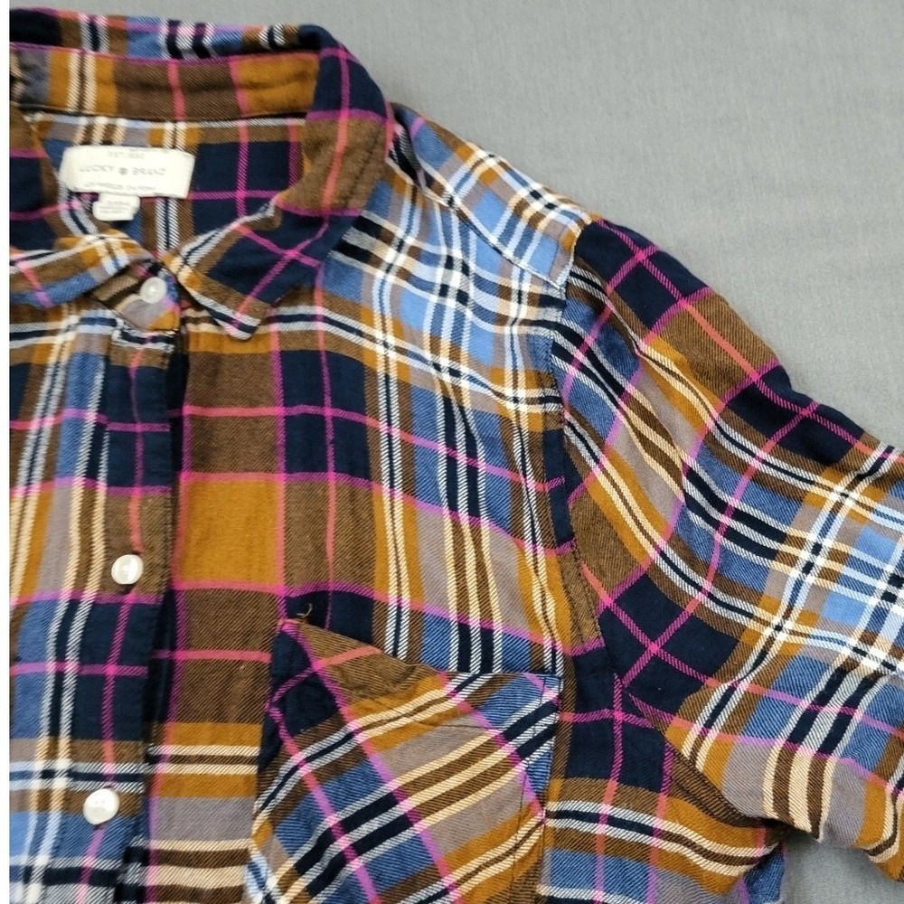 Lucky Brand Plaid Flannel Button Up Shirt Women M Medium Long Sleeve Blue Pink - Picture 10 of 14